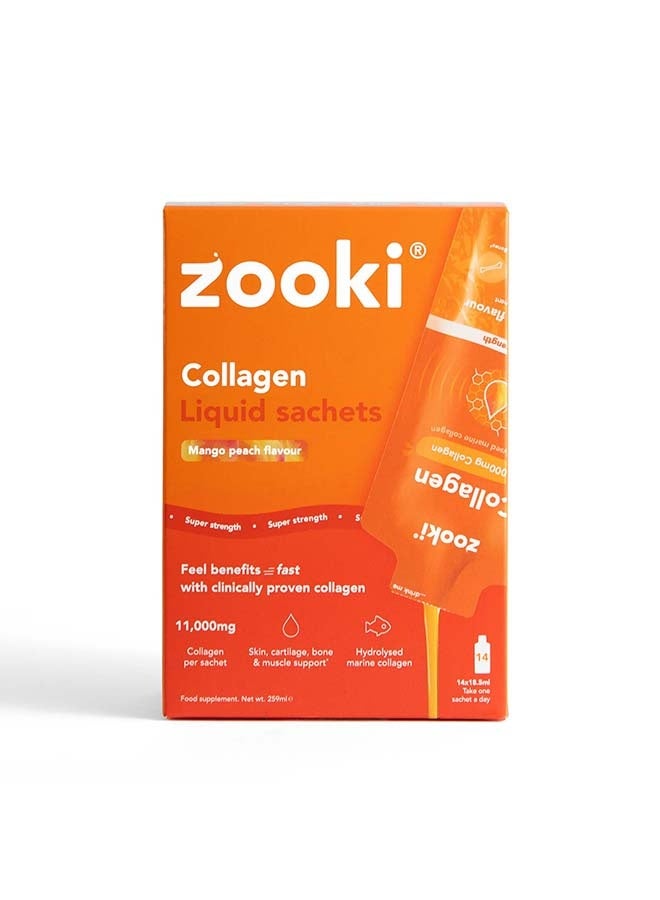 Zooki Super Strength Liposomal Collagen 11,000mg – Mango & Peach Flavor – High Absorption Liquid Collagen Sachets – Skin, Hair & Joint Support – 14 Sachets - Image 1